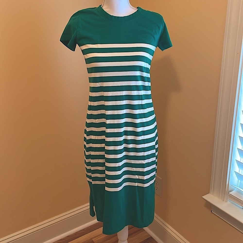 J. Crew Kelly Green and White Striped Midi Tee Dress 100% Cotton Small EUC - Picture 5 of 11